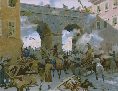 Události od 18. do 22. března 1848, Milánští vyhánění Rakušanů, ilustrace z alba o historii Risorgimenta vyrobeného pro čokoládu Talmone, konec 19. století od Italian School