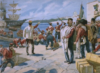 Expedition of the Thousand pod vedením Giuseppe Garibaldi, přistání v Marsale, Sicílie, 1860, ilustrace z alba o historii Risorgimento vyrobeného pro čokoládový Talmone, pozdní od Italian School