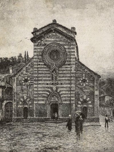 Fasáda katedrály Bellano, jezero Como, Itálie, rytina z kresby Quinto Michetti, z L