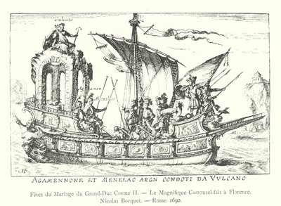 Slavnosti svatby velkovévody Cosima II., Velkolepý kolotoč vyrobený ve Florencii, Nicolas Bocquet, Řím 1690 (rytina) od Italian School