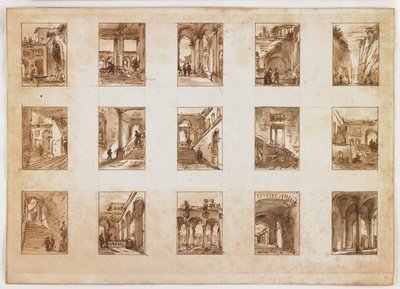 Patnáct miniaturních architektonických a italských pohledů (pero a hnědý inkoust s překrytím grafitem na papíře) od Italian School