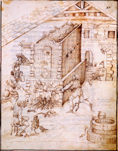 Vypalování rané pece, kolem 30. let 17. století (rukopis vellum) od Italian School