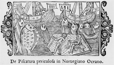 Rybolov v norském oceánu, ilustrace z Historie severních národů od Olause Magnuse (1490-1558), vydaná v Římě, 1555 od Italian School