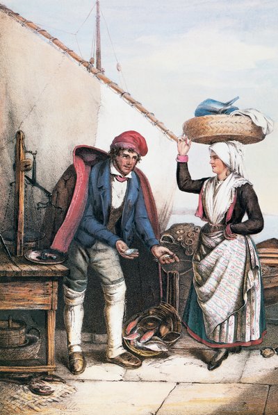 Rybář a rolník, ilustrace z Kostýmů Istrie, Itálie od Italian School