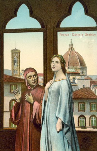 Florencie, Dante a Beatrice (barevná litografie) od Italian School