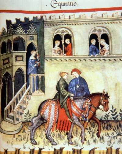 Fol.102r Jezdectví, ilustrace z Tacuinum Santiatis Codex Vindobonensis od Italian School