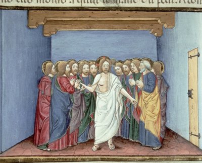 Fol.135v Ježíš se zjevuje učedníkům shromážděným pod jednou střechou ze strachu před soudci (vellum) od Italian School