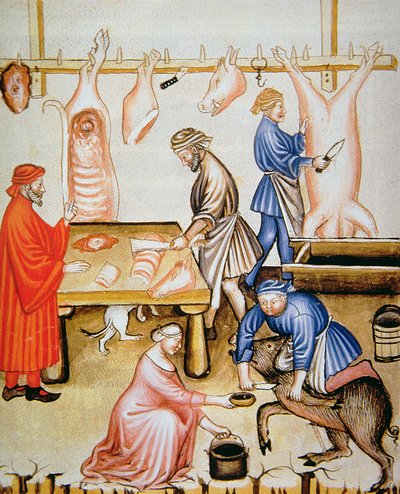 Fol.74v The Butchers: Prasečí maso, ilustrace z Tacuinum Santiatis Codex Vindobonensis od Italian School