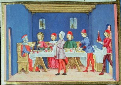 Fol.75v Ježíš při jídle v domě farizeů se ptá, zda smí uzdravovat o sabatu (vellum) od Italian School