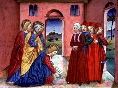 Fol.89r Kristus píše na podlahu chrámu: „Kdo je bez hříchu, ať první hodí kamenem“ (vellum) od Italian School
