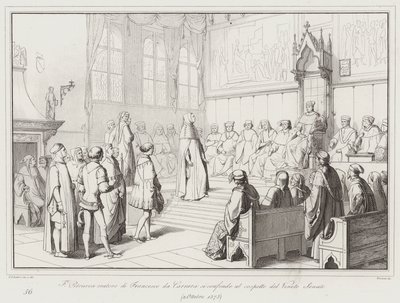 Francesco Petrarca, řečník Francesca da Carrara, je zmatený v přítomnosti benátského senátu od Italian School
