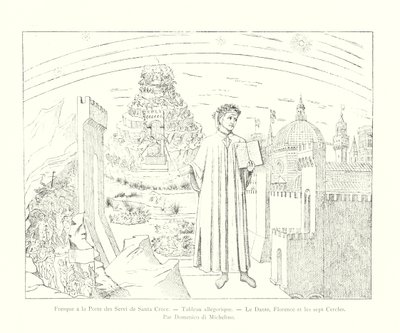 Freska u dveří Servi of Santa Croce, Alegorický obraz, Dante, Florencie a sedm kruhů, Domenico di Michelino (rytina) od Italian School