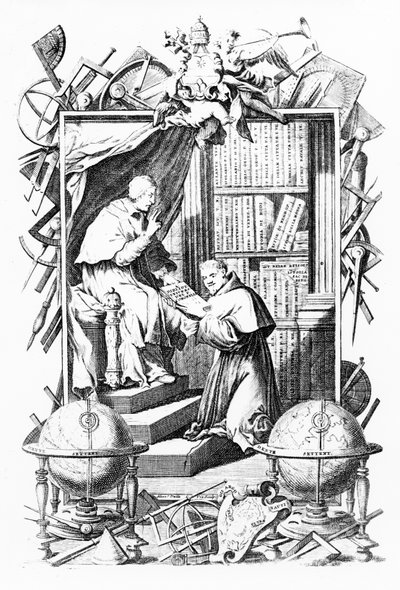 Frontispis pro Sacred-Profane Universal Library, svazek 1, Vincenzo Coronelli, tisk vytvořil Alessandro dalla Via, vydáno 1701 od Italian School