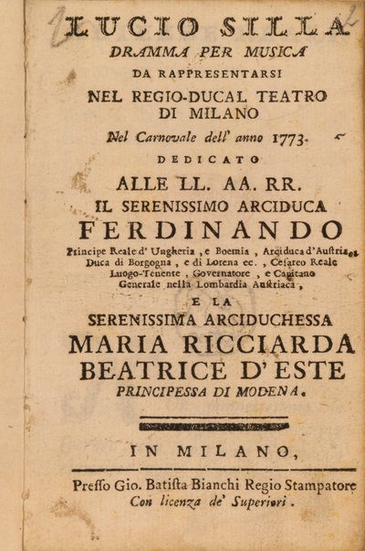 Frontispis z Mozartovy hry Lucio Silla, provedené v Miláně v roce 1773 od Italian School