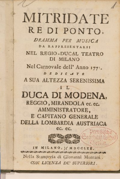 Frontispis z rané kopie opery Mitridate, re di Ponte Wolfganga Amadea Mozarta, 1770. od Italian School