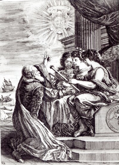 Frontispis Opere di Galileo Galilei, vydaný v Bologni v roce 1656 od Italian School