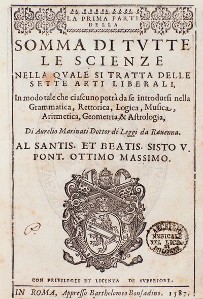Frontispis převzat z Sum of all sciences, esej o svobodných uměních, od Aurelia Marinatiho od Italian School