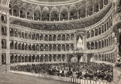 Galavečer v divadle Costanzo na počest korunního prince Německa (budoucího Fridricha III.), Řím, Itálie, rytina z kresby Dante Paolocci, z L