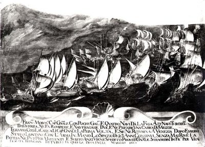 Generál Francisco Morosini (1618-94) a benátská flotila při setkání s tureckou flotilou u pobřeží Kréty, květen 1661 od Italian School