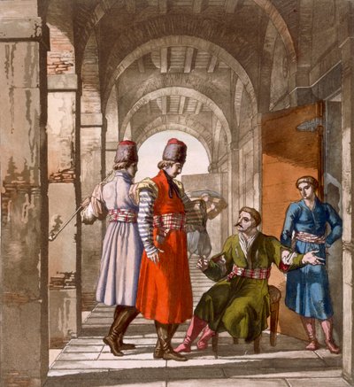 Georgiánští muži, kteří si povídají a kouří v podloubí, asi 20.-30. léta 19. století od Italian School