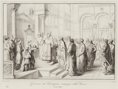 Giovanni II Partecipazio se vzdává vévodství, 887 (rytina) od Italian School