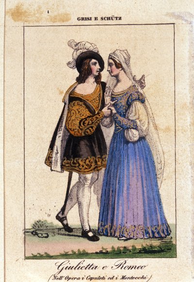 Giulia Grisi a Schutz interpretují Romea a Julii v „I Capuleti e i Montecchi“ (Les Capulet et les Montaigu) od Vincenza Belliniho od Italian School