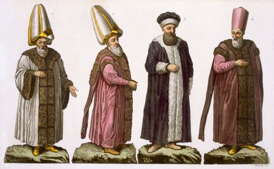 Grand Visir, Caim-Mecam, Reis-Efendi a Khodjakian, deska 15 z části III, svazek I Historie národů, vyryl C. Botticella (akvatinta) od Italian School