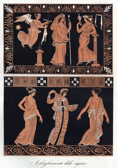 Greek Queens Dresses - Řecké šaty královen - rytina z „“ Zvyků a tradic všech národů vesmíru. Tedy Dějiny vlády, zákonů, milicí, náboženství všech národů od nejvzdálenějších dob až po současnost „1856 od Italian School