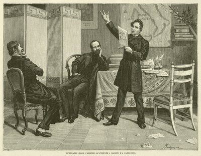Guerrazzi čte Mazzinimu a Carlo Binimu obležení Florencie (rytina) od Italian School