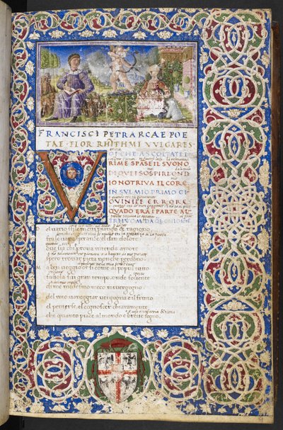 Harley 3567, f.9 Miniatura Petrarca a Laury, s láskou mířící šíp na Lauru, z 
