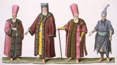 Hlavní zřízenec harému, kapitán zřízenců harému, harémský usher a Pageboy, deska 3 z části III, svazek I Historie národů, vyryl V. Raineri (akvatinta) od Italian School