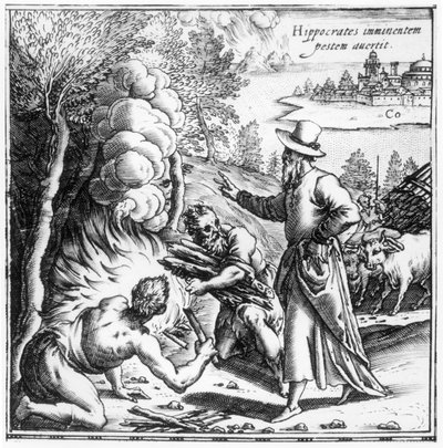 Hippokrates (asi 460-asi 377 př.nl) vysvětlující význam nákazy při morové epidemii, titulní strana z Hippocratis Opera Quae Extant, hospoda. v Benátkách, 1588 od Italian School