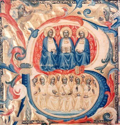 Historická iniciála B zobrazující Trojici a Krista obklopeného anděly, Boloňská škola, kolem 1340-50 od Italian School