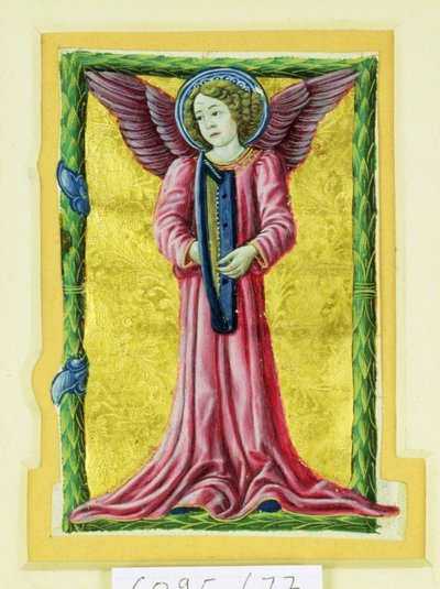 Historická iniciála „I“ zobrazující andělského hudebníka hrajícího na harfu (vellum) od Italian School