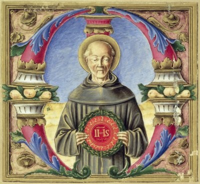 Historická iniciála „M“ zobrazující sv. Bernardina ze Sieny (vellum) od Italian School