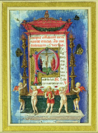 Historická iniciála „P“ zobrazující Ukřižování, stránka z Knihy hodin (vellum) od Italian School