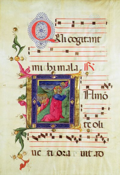 Historická iniciála „Q“ zobrazující Agónii v zahradě (vellum) od Italian School