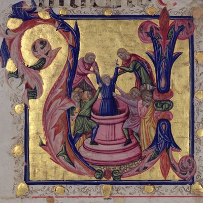 Historická iniciála „U“ zobrazující Josefa vytahovaného ze studny svými bratry, toskánská škola (vellum) od Italian School