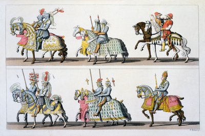 Svatá říše římská: Účastníci turnaje na lucemburském hradě v době Maxmiliána I. z Costumi dei Romani, Svizzeri.. kolem 1800-18 od Italian School
