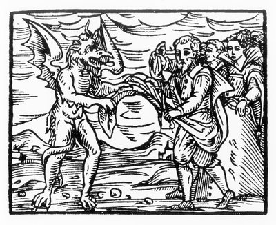 Pocta ďáblovi, kopie ilustrace z Compendium Maleticarum od P. M. Guaccius, Milán 1608, použitá v Historii magie, vydané koncem 19. století od Italian School