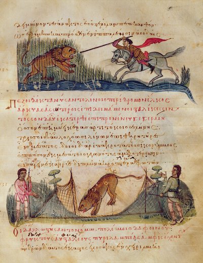 Lov s oštěpy a pastmi, ilustrace z Oppianovy Cynegetiky (tempera na pergamenu) od Italian School