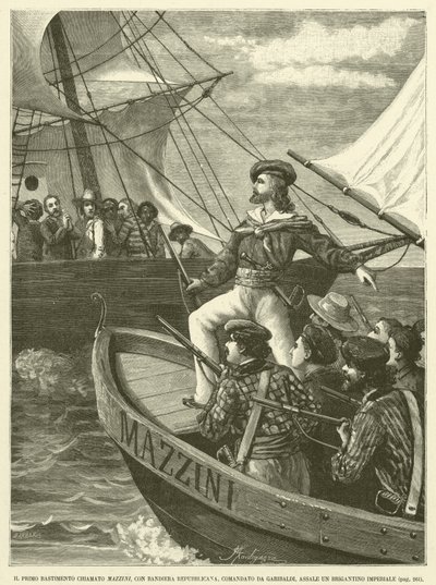První loděnice s názvem Mazzini, s republikánskou vlajkou, pod velením Garibaldiho, Assale An Imperial Brigantion (rytina) od Italian School