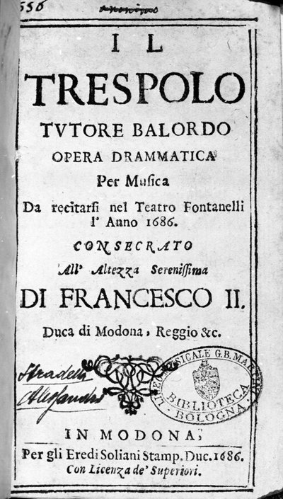 Okoun vychovatel pošetilé partitury k opeře Alessandra Stradelly (1644 - 1682), italského skladatele. Modena 1688. od Italian School
