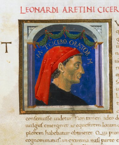 Iluminovaná strana s profilem Cicera, svazek I, vlevo 1, f 303 r, Vitae virorum illustrium, Plutarch (asi 46-127), rukopis, Itálie od Italian School