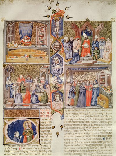Iluminace rozdělená do čtyř scén: Právní poradce u jeho stolu; Papežovi byla nabídnuta kniha; Lekce na právnické fakultě; Knihkupectví s historickým hlavním městem se svatou Kateřinou a Or od Italian School