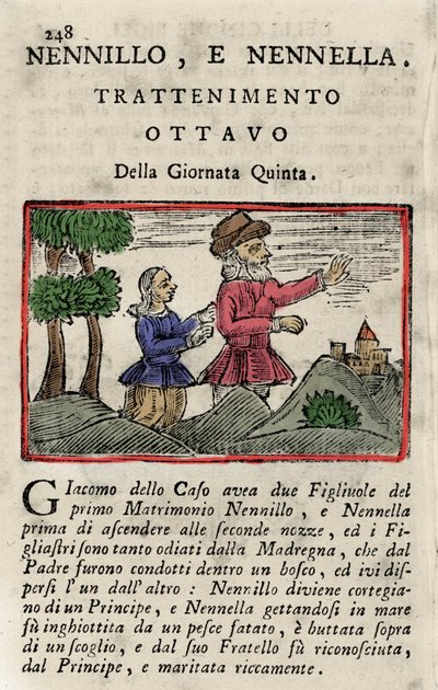 Ilustrace příběhu Giambattisty Basilea (1575-1632) „“ Poucet et Poucet (Nennillo e Nennella)“““ z knihy „“ Pentamerone“, den v, příběh 8. Vydání Neapol 1754. od Italian School