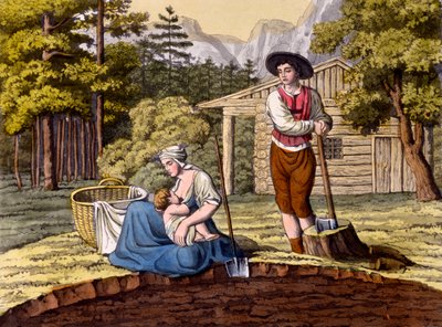 Obyvatelé rakouských Alp tvořící usedlost, z Costumi dei Romani, Svizzeri.. kolem 1800-18 od Italian School