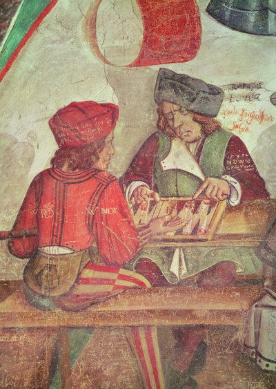 Interiér hostince, detail hráčů vrhcáby (freska) od Italian School