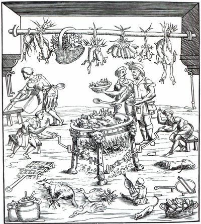 Interiér italské kuchyně podle dřevorytu v Banchetti compositioni di Vivende od Christoforo di Messisburgo, vydáno 1549 od Italian School