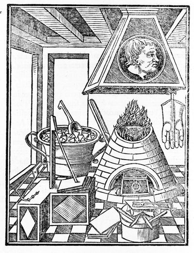 Vnitřní pohled na hutní dílnu Rytina z „Voarchadumia contra alchimiam ars differenta ab archimia et sophia...“ od Giovanniho Agostina Panthea (1517-1535) od Italian School